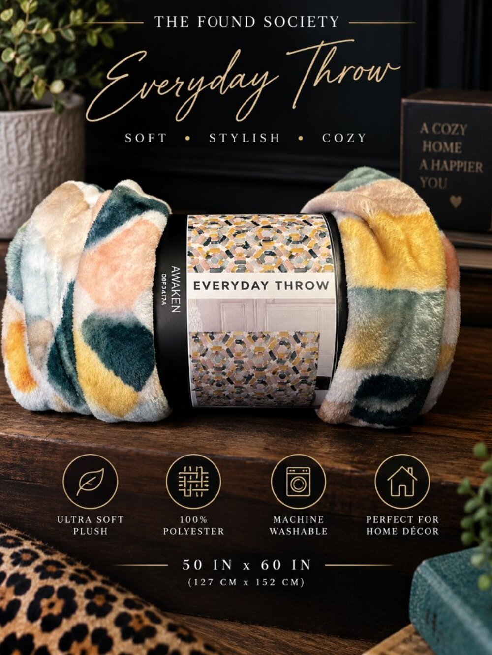 NWT Awaken Everyday Throw Blanket | Multicolor Geometric Plush 50” x 60”